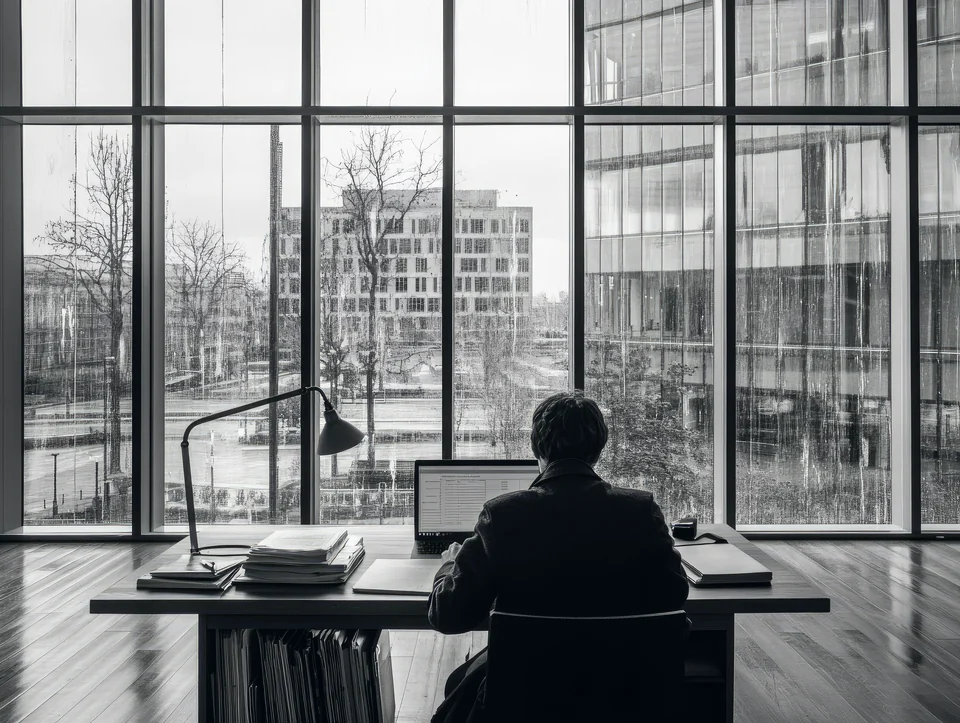 A person working at a desk in a glass-walled office