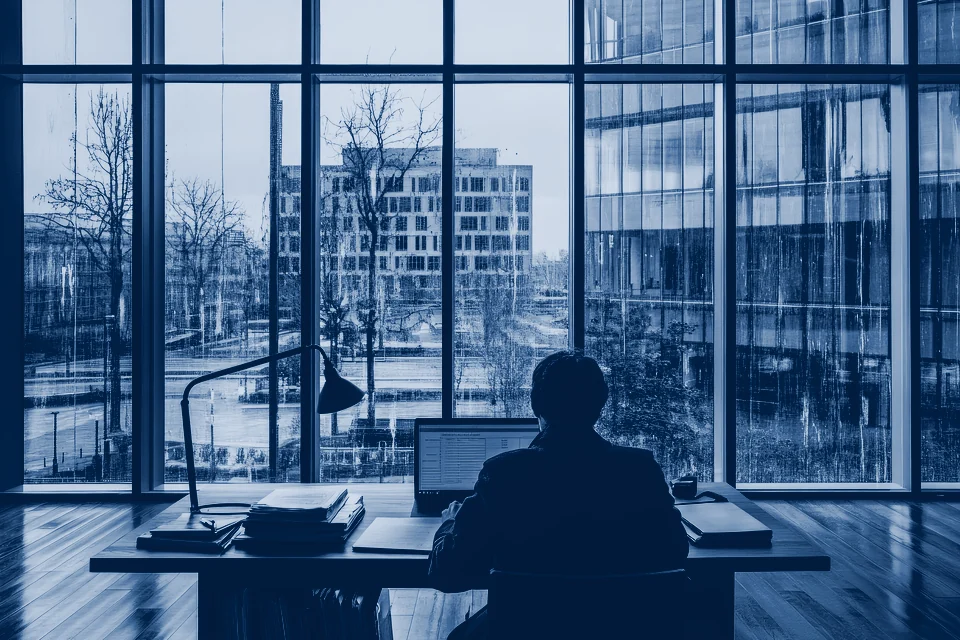 A person working at a desk in a glass-walled office