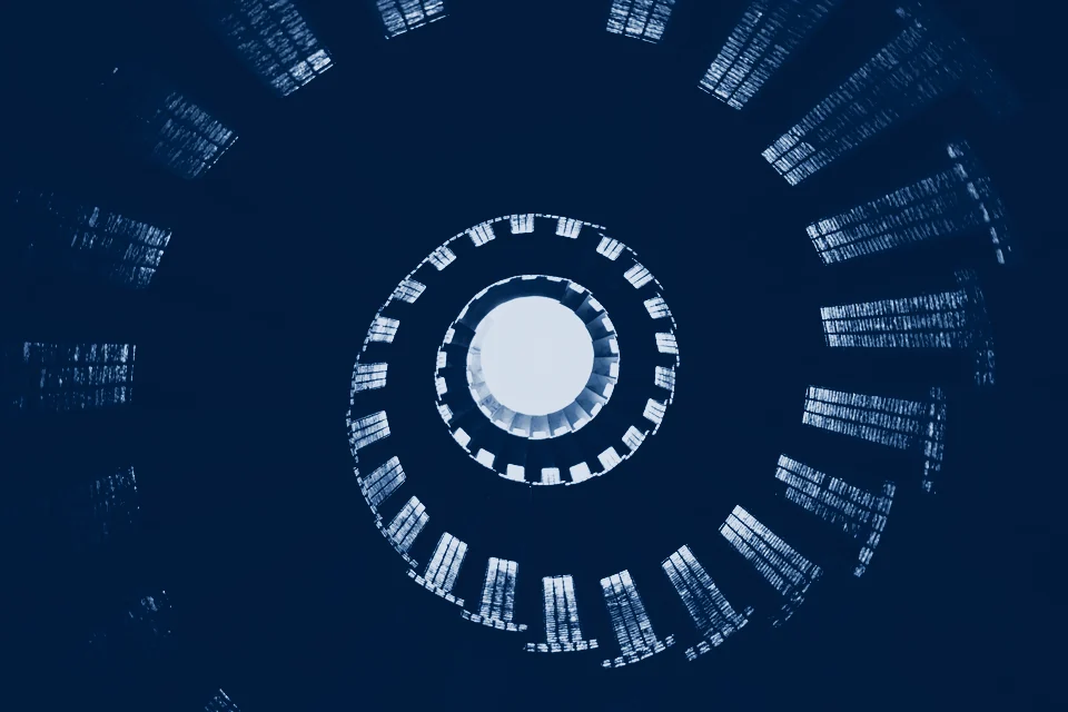 A spiral staircase seen from below